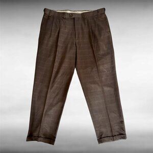 Roundtree & Yorke Men's 44x32 Pleated Brown Plaid Easy Care Slacks Pants EUC